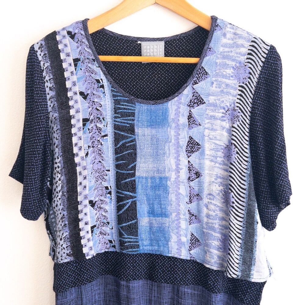 VTG 90s Rabbit Rabbit Rabbit Design Abstract Blue Layered Maxi Dress Size 12M - Picture 3 of 15